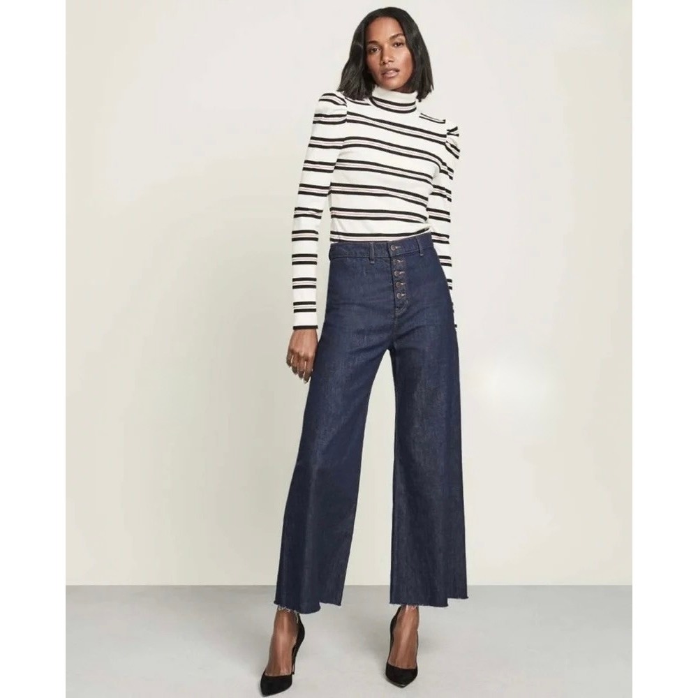 VERONICA BEARD Grant Wide Leg Jean Indigo Blue High Rise Button-Fly Raw Hem 31